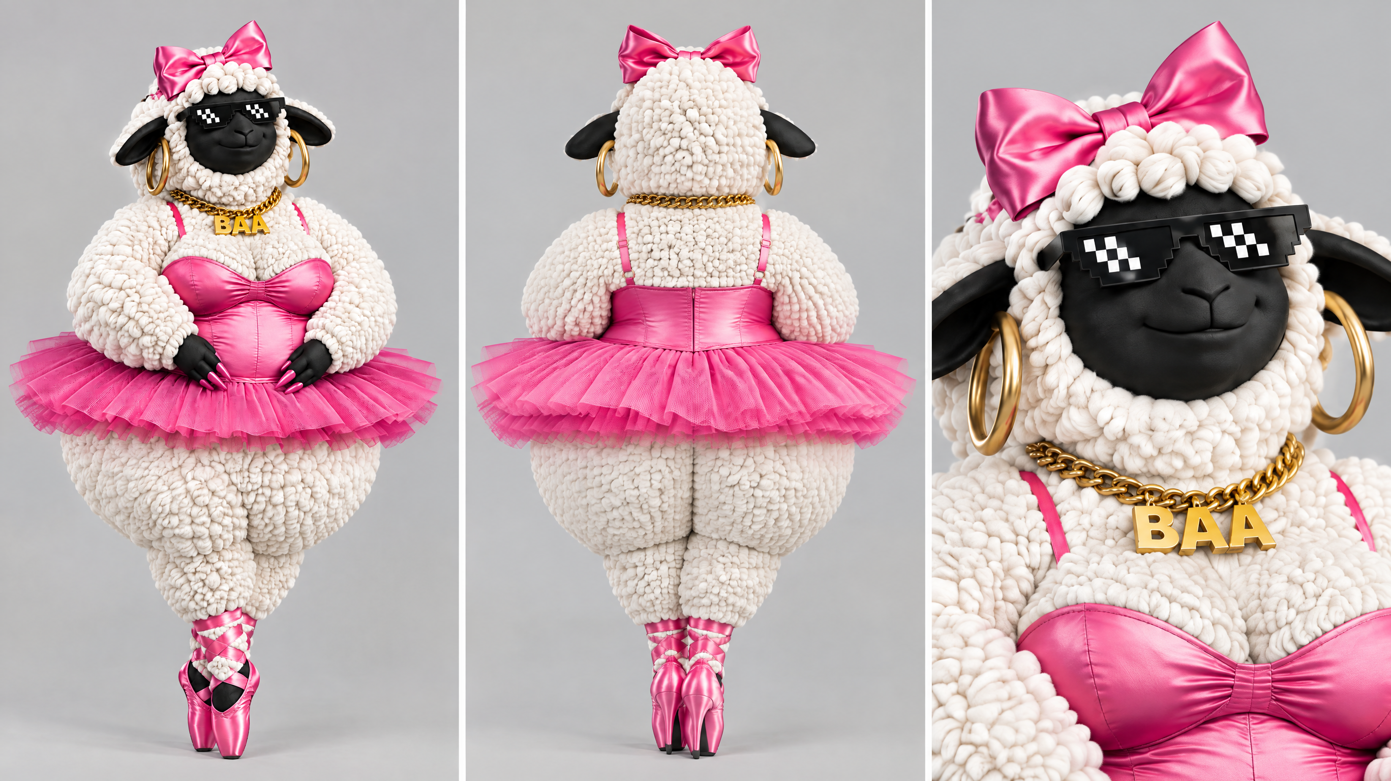 Big Baa-llerina · 3-panel: front + back + face · GPT Image 2.5