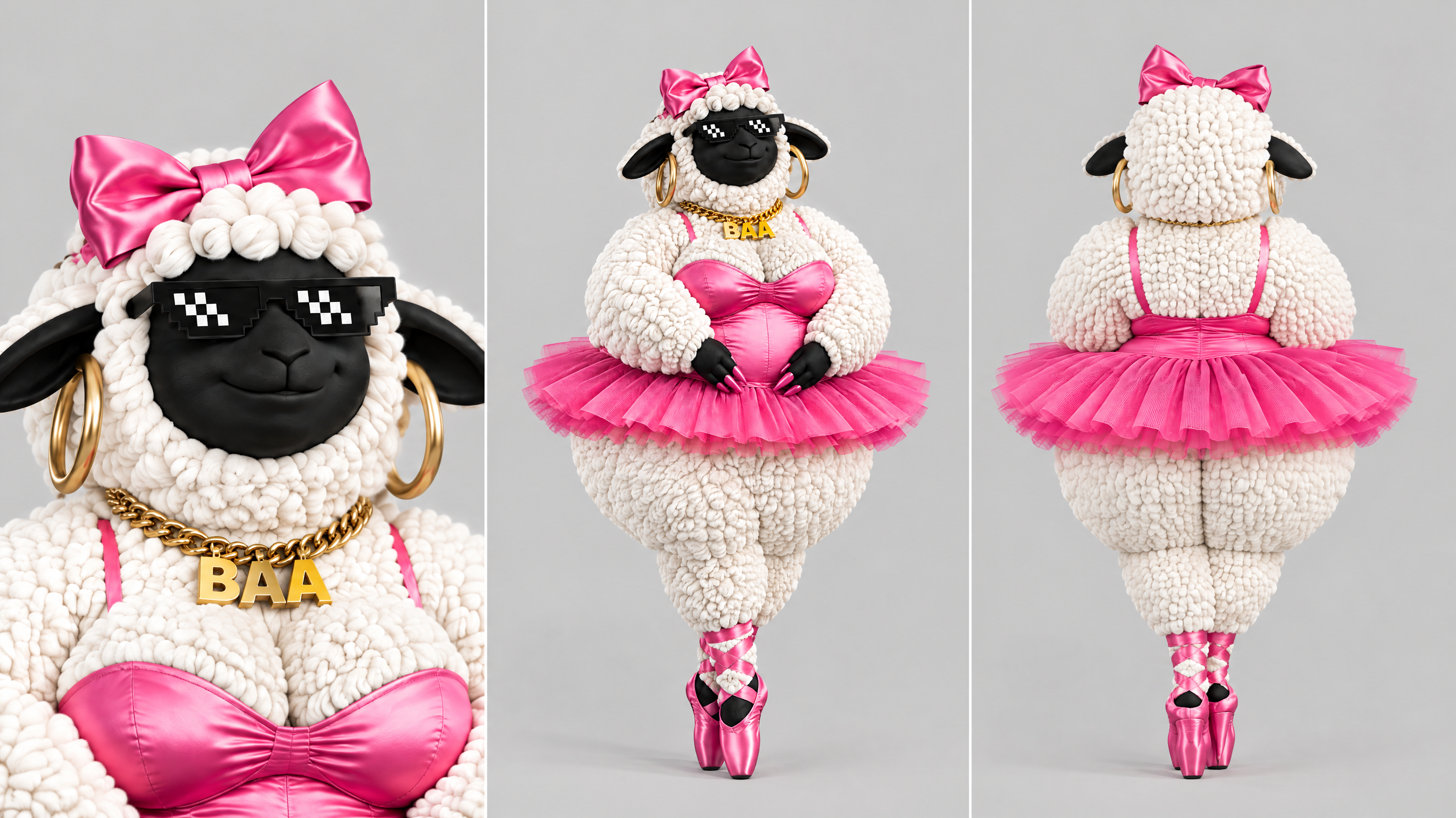Big Baa-llerina · 3-column: portrait + front + back · GPT Image 2.5