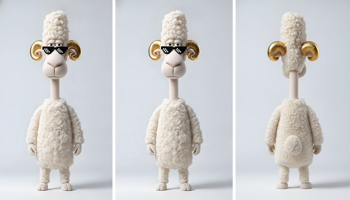 MEGA Sheep · meme shades · 3-column: portrait + front + back · Nano Banana