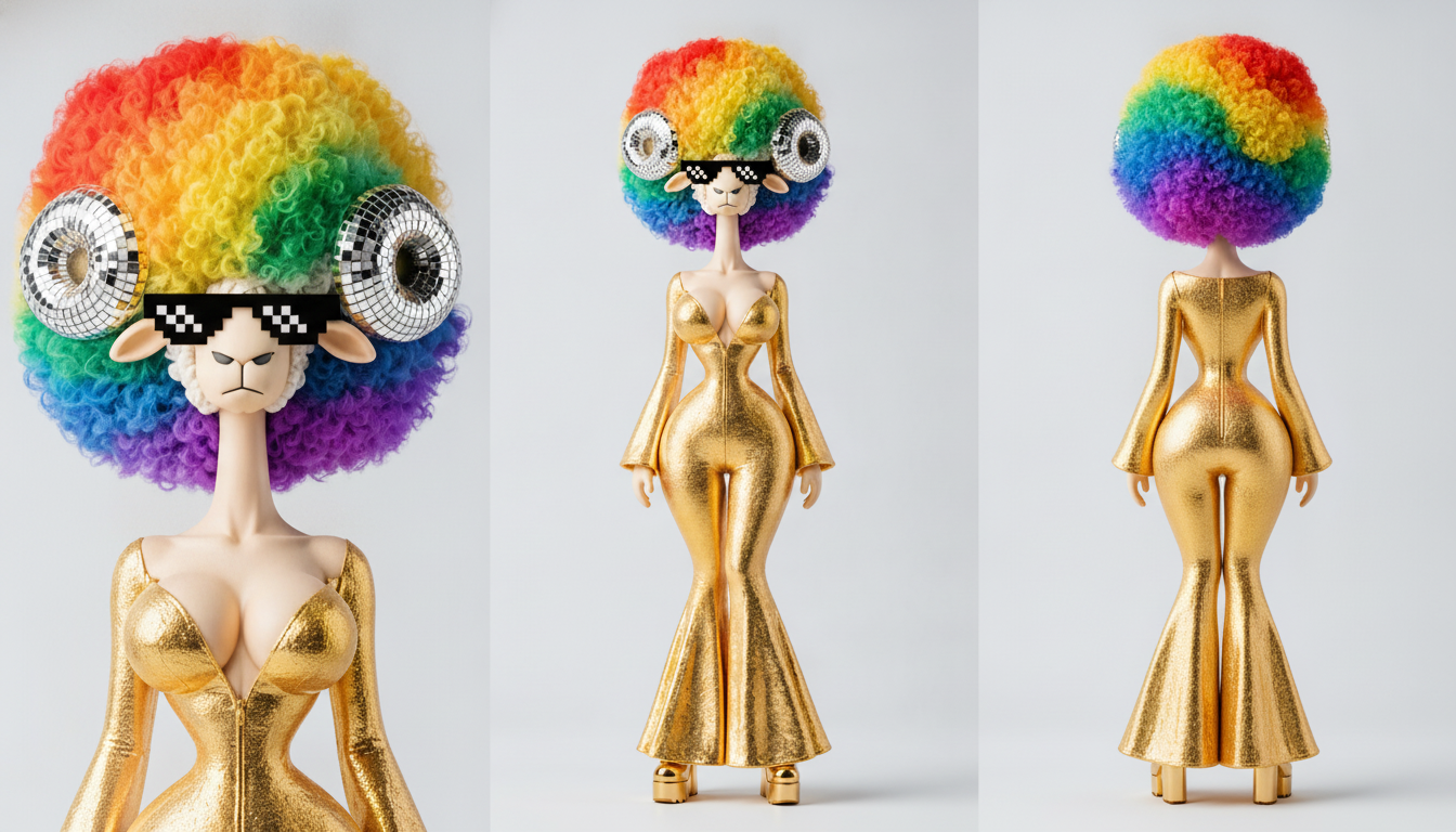 Glam Disco Ram · bombshell gpt · 3-column: portrait + front + back · Nano Banana