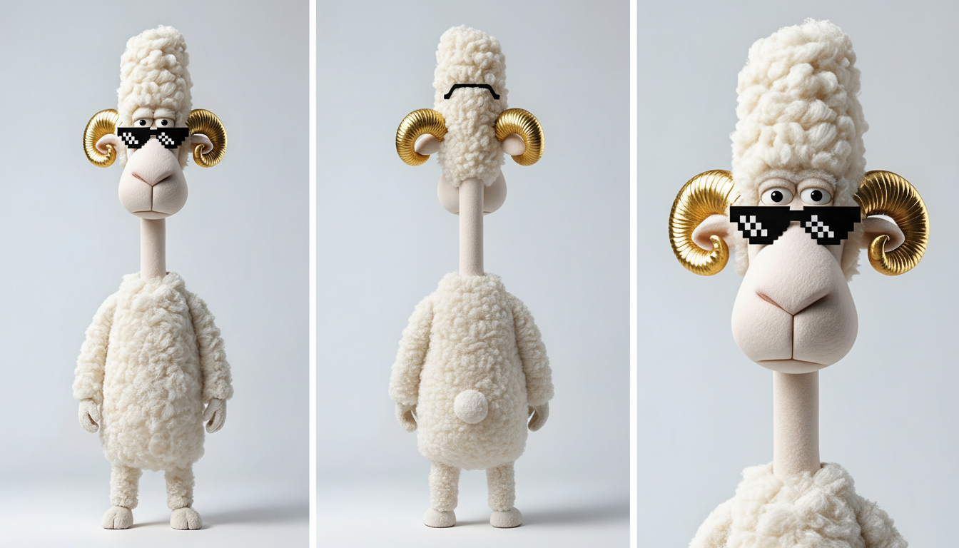 MEGA Sheep · meme shades · 3-panel: front + back + face · Nano Banana