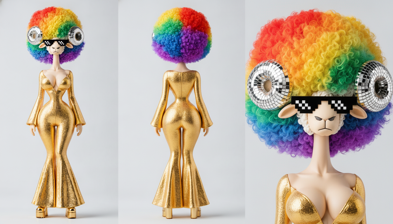 Glam Disco Ram · bombshell gpt · 3-panel: front + back + face · Nano Banana