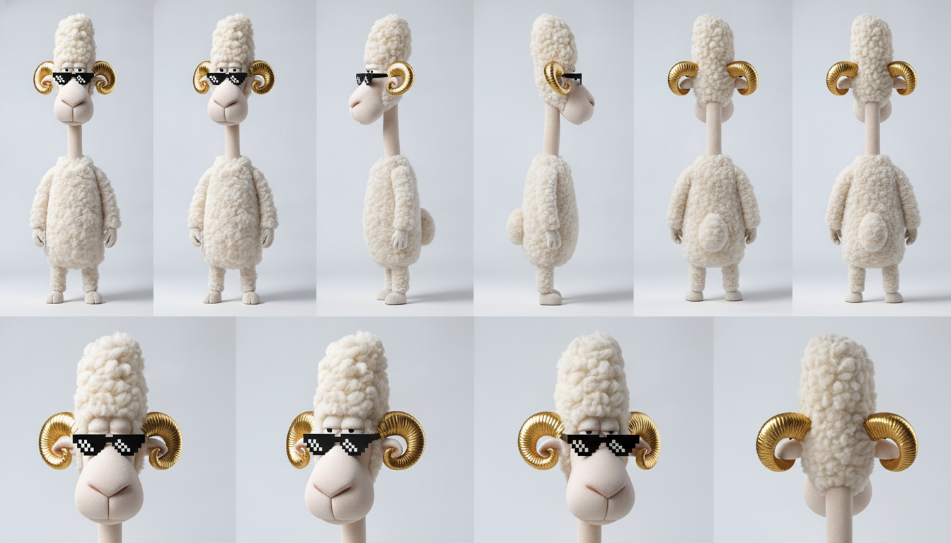 MEGA Sheep · meme shades · 8-view pro sheet · Nano Banana