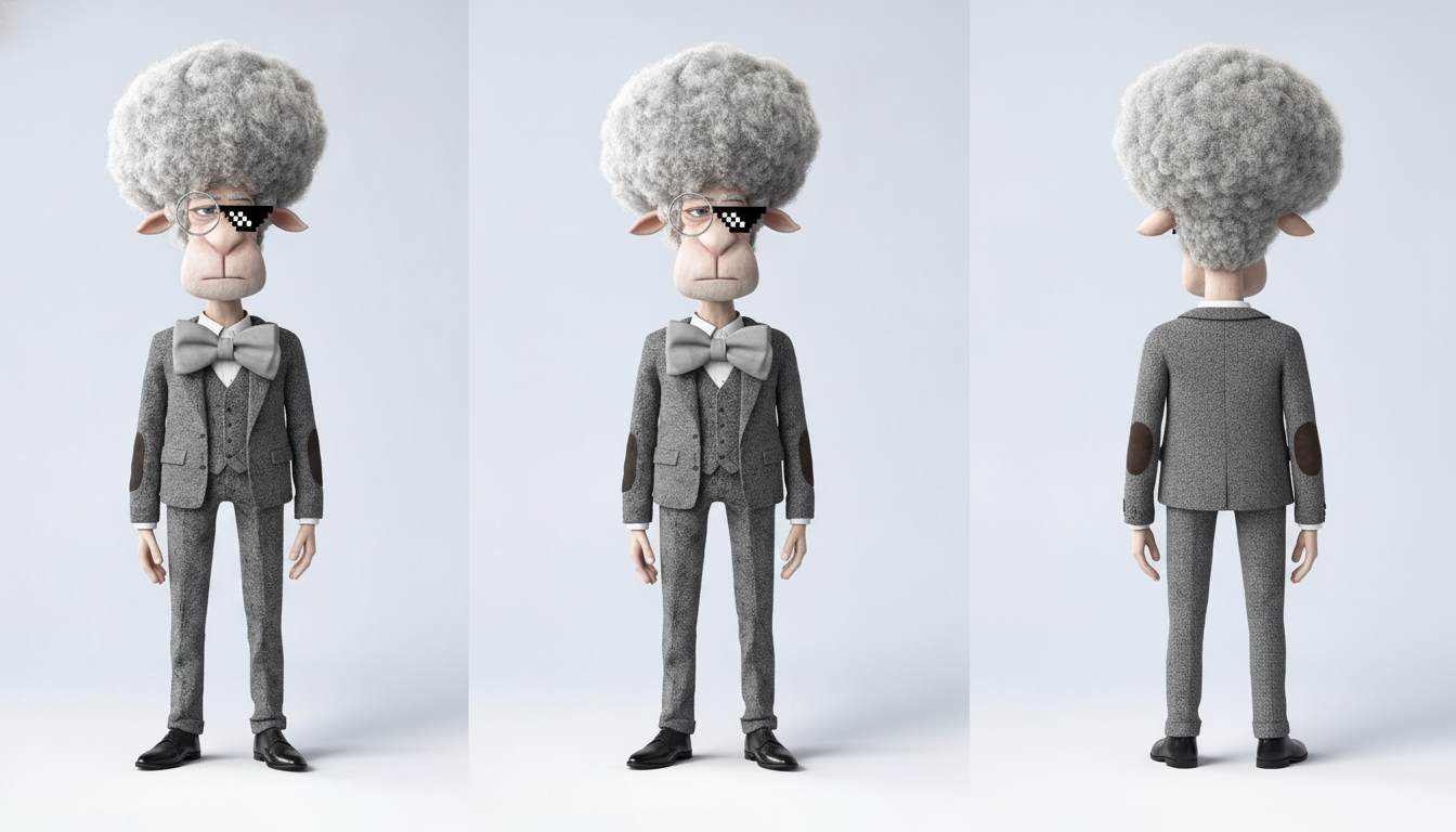Professor Fluffington · 3-column: portrait + front + back · Nano Banana
