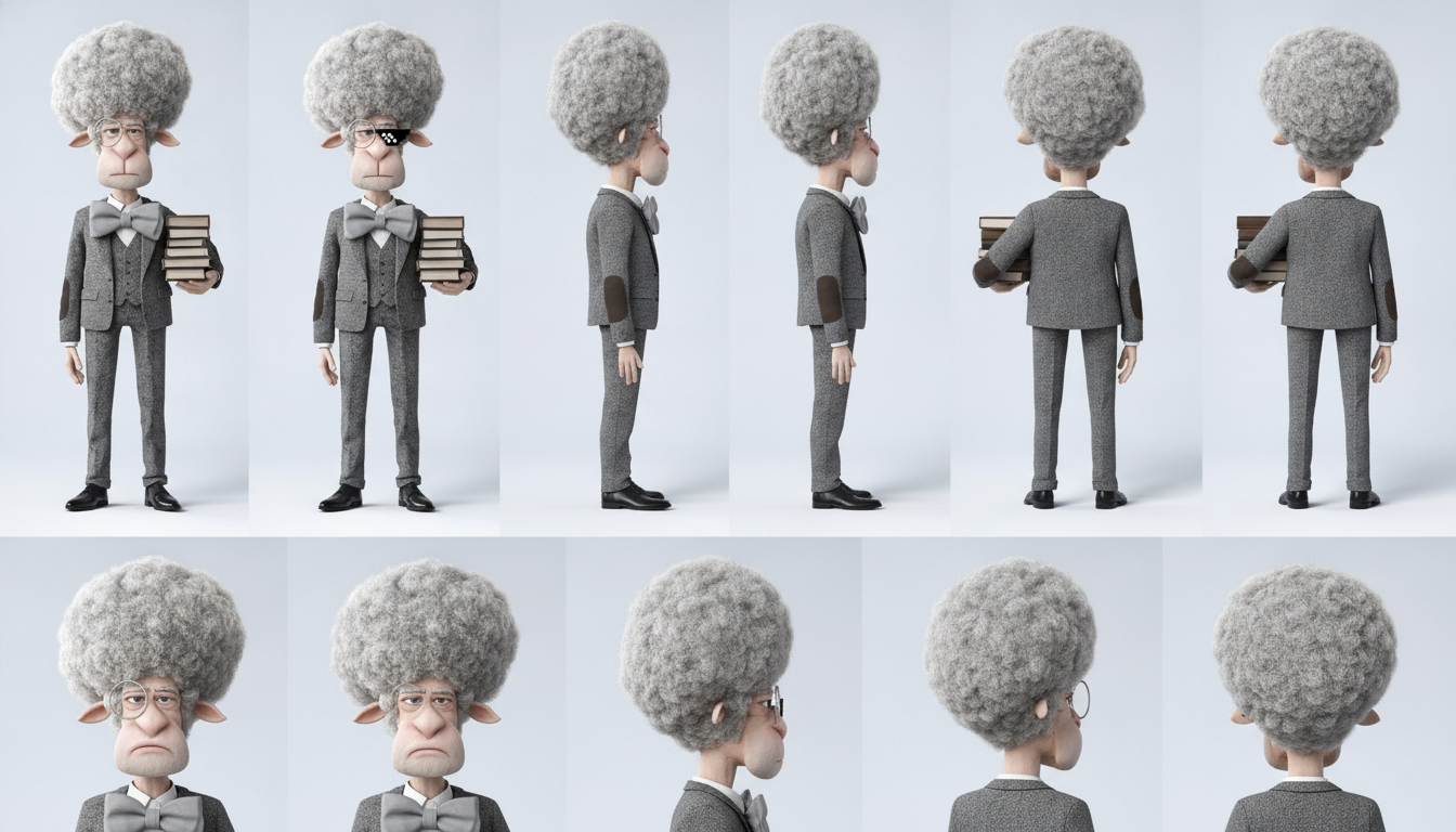 Professor Fluffington · 8-view pro sheet · Nano Banana
